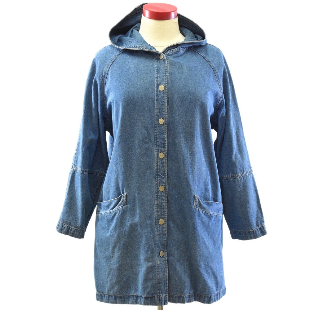 90s Vintage Hooded Chore Coat Plus Womens 1X Denim & Co Jacket Medium Wash